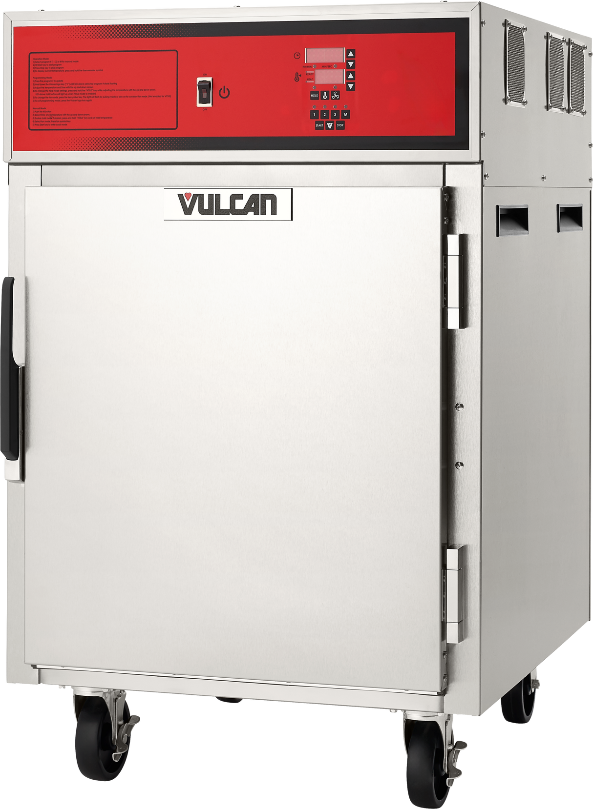 A large stainless steel Cook/Hold Cabinet with a red control panel, digital display, and buttons, branded Vulcan on the front door; this mobile commercial kitchen appliance is mounted on four wheels for easy movement.