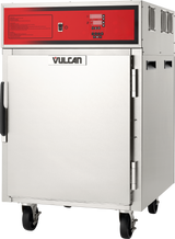 A large stainless steel Cook/Hold Cabinet with a red control panel, digital display, and buttons, branded Vulcan on the front door; this mobile commercial kitchen appliance is mounted on four wheels for easy movement.