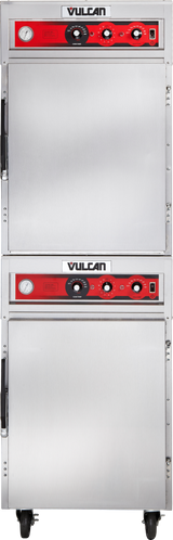 A stainless steel Vulcan double-deck Cook/Hold Cabinet on wheels. Each unit features a red control panel with dials, switches, indicator lights, a round temperature gauge, and left-side handles for easy door access.