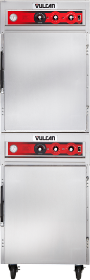 A stainless steel Vulcan double-deck Cook/Hold Cabinet on wheels. Each unit features a red control panel with dials, switches, indicator lights, a round temperature gauge, and left-side handles for easy door access.