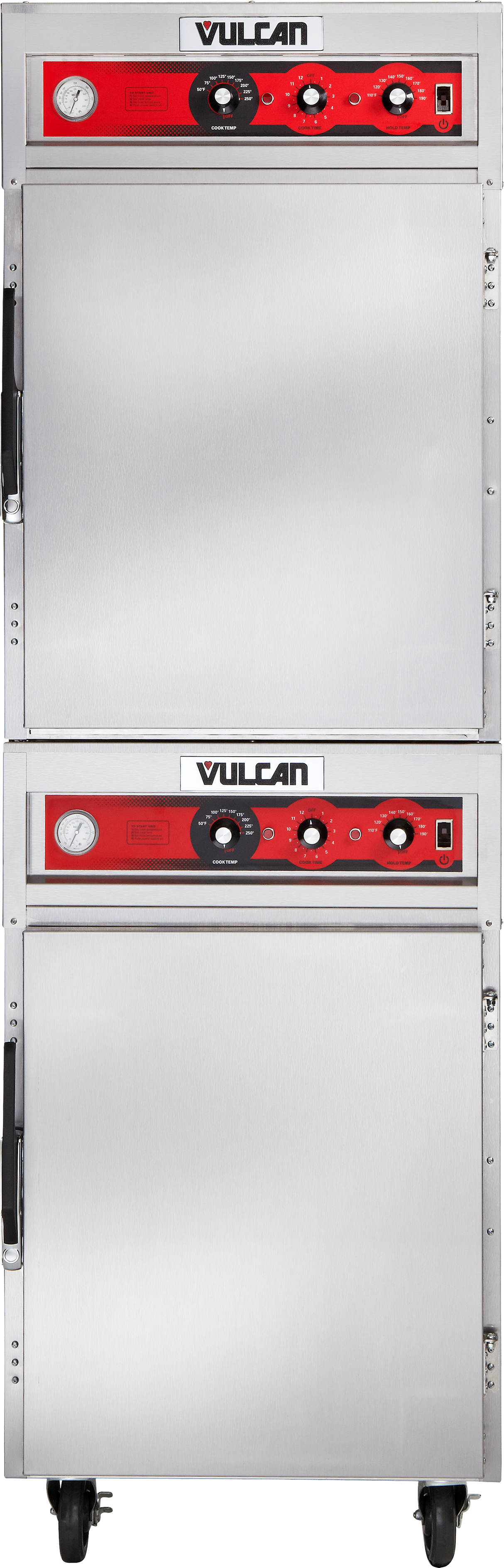 A double-deck stainless steel Cook/Hold Cabinet with red control panels, temperature gauges, dials, and indicator lights. This commercial food warmer is on wheels and features the Vulcan logo at the top of each section.