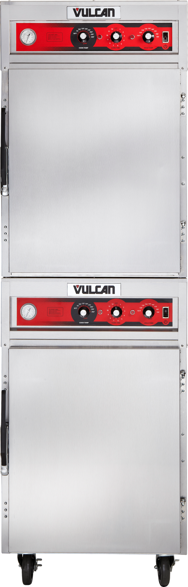 A double-deck stainless steel Cook/Hold Cabinet with red control panels, temperature gauges, dials, and indicator lights. This commercial food warmer is on wheels and features the Vulcan logo at the top of each section.