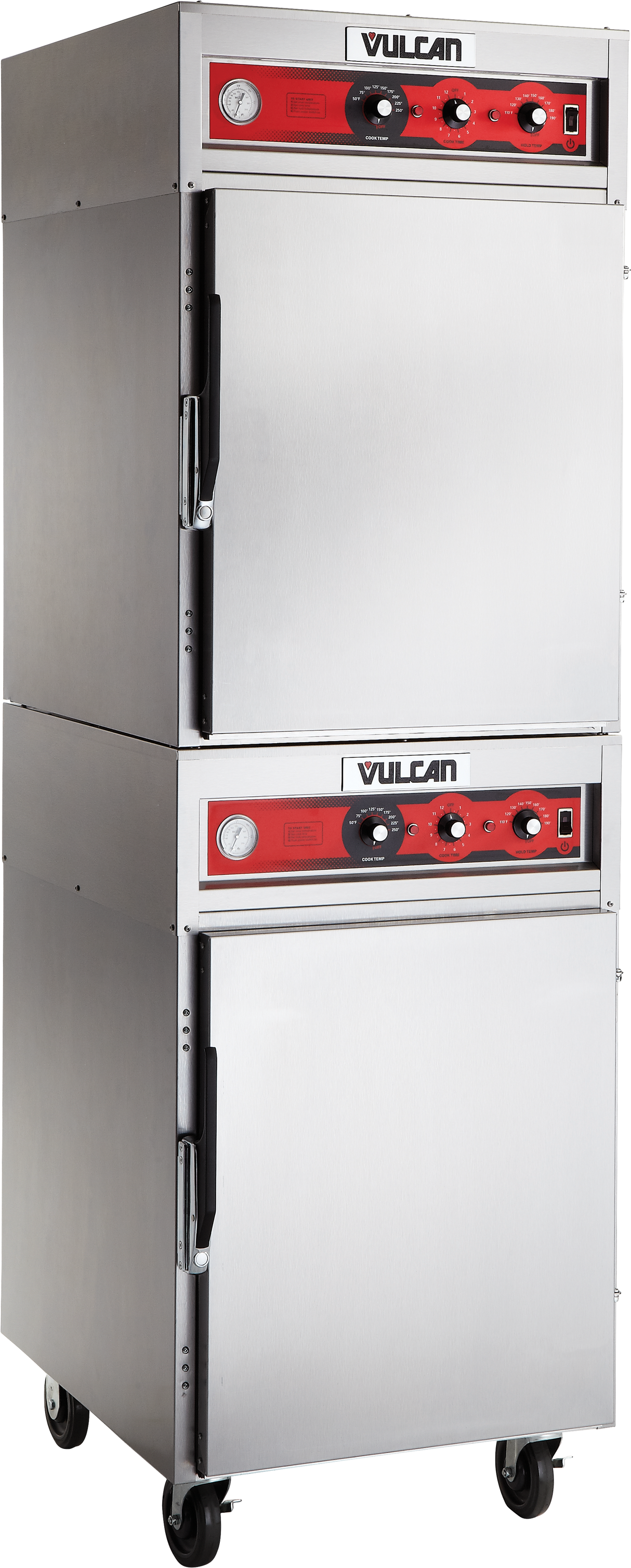 A Vulcan commercial double-deck Cook/Hold Cabinet, crafted from stainless steel, features two doors with handles, red control panels with knobs and dials, and four caster wheels at the bottom for mobility.