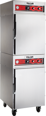 A Vulcan commercial double-deck Cook/Hold Cabinet, crafted from stainless steel, features two doors with handles, red control panels with knobs and dials, and four caster wheels at the bottom for mobility.
