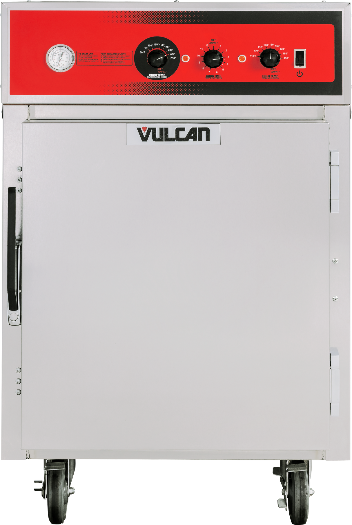 A mobile Vulcan Cook/Hold Cabinet with durable stainless steel construction, featuring a red control panel with a dial thermometer, three control knobs, power button, and a large handle on the insulated front door. The Vulcan logo is centered on the upper door.