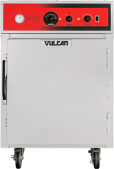 A mobile Vulcan Cook/Hold Cabinet with durable stainless steel construction, featuring a red control panel with a dial thermometer, three control knobs, power button, and a large handle on the insulated front door. The Vulcan logo is centered on the upper door.