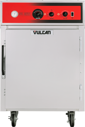 A mobile Vulcan Cook/Hold Cabinet with durable stainless steel construction, featuring a red control panel with a dial thermometer, three control knobs, power button, and a large handle on the insulated front door. The Vulcan logo is centered on the upper door.