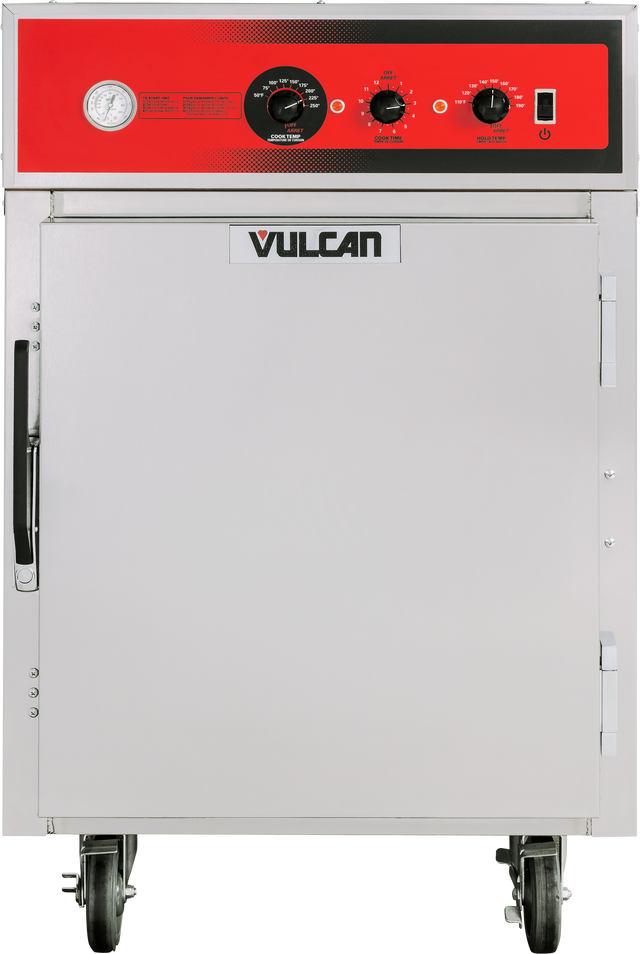 A mobile Vulcan Cook/Hold Cabinet with durable stainless steel construction, featuring a red control panel with a dial thermometer, three control knobs, power button, and a large handle on the insulated front door. The Vulcan logo is centered on the upper door.