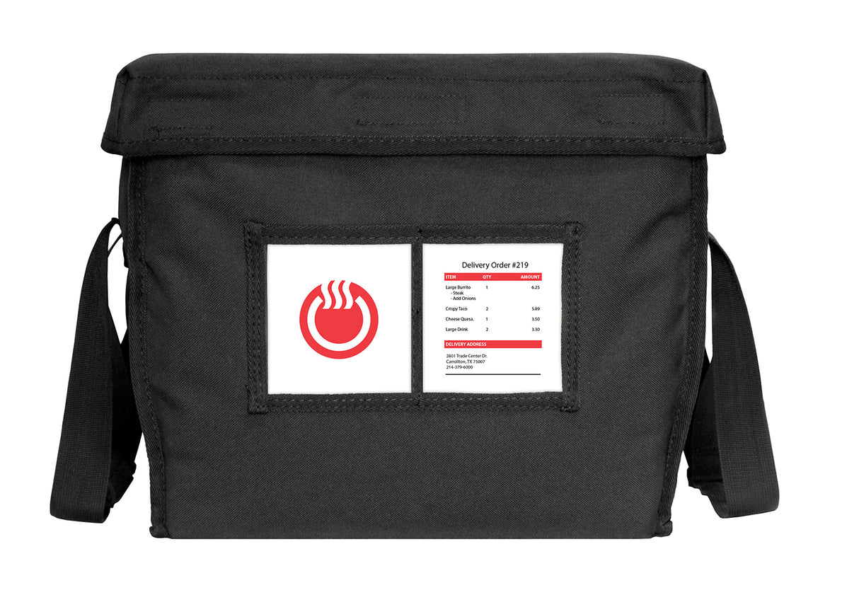 A black TCSTBAG insulated delivery bag with a shoulder strap. On the front, a clear pocket displays a red and white steaming bowl logo to the left and an order slip labeled Delivery Order #219 with itemized food details on the right.