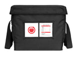 A black TCSTBAG insulated delivery bag with a shoulder strap. On the front, a clear pocket displays a red and white steaming bowl logo to the left and an order slip labeled Delivery Order #219 with itemized food details on the right.