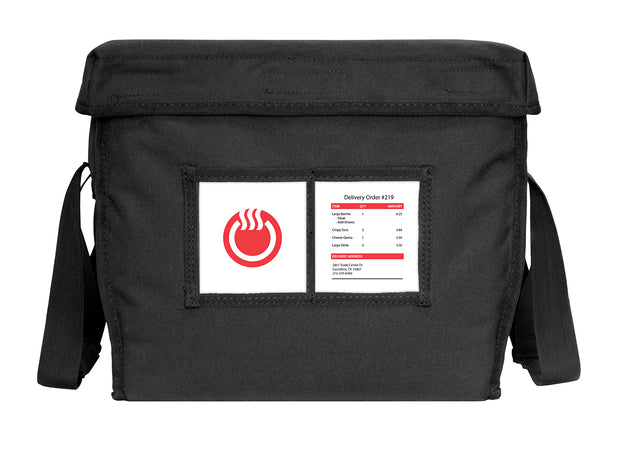 A black TCSTBAG insulated delivery bag with a shoulder strap. On the front, a clear pocket displays a red and white steaming bowl logo to the left and an order slip labeled Delivery Order #219 with itemized food details on the right.