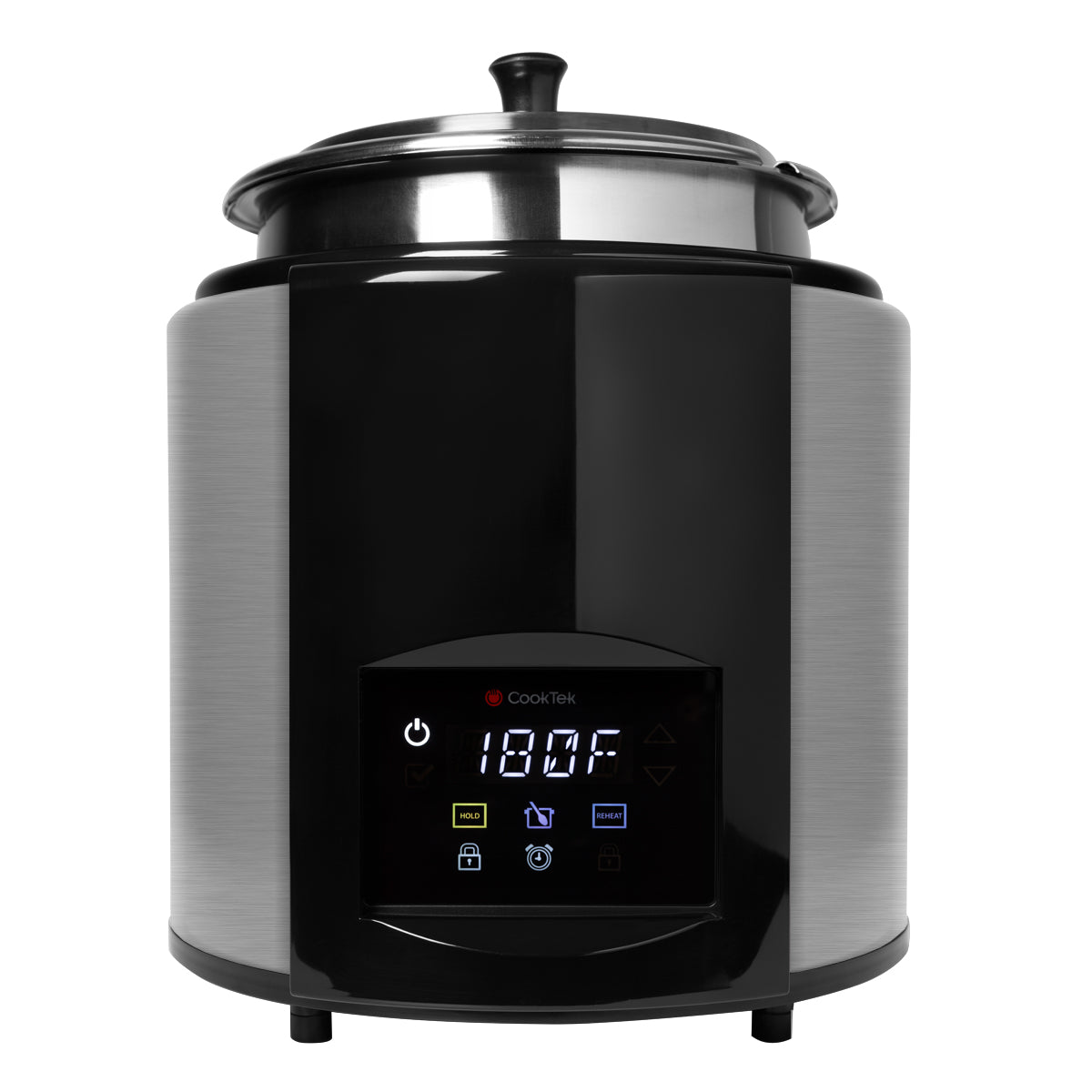 A modern induction kettle soup warmer with a stainless steel exterior, black accents, and a digital display showing 180°F. Touch buttons offer power, adjustable temperature, and various settings. The lid is slightly ajar on top.