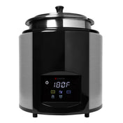 A modern induction kettle soup warmer with a stainless steel exterior, black accents, and a digital display showing 180°F. Touch buttons offer power, adjustable temperature, and various settings. The lid is slightly ajar on top.