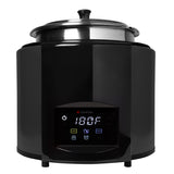 A black electric induction kettle countertop cooker with a stainless steel pot and lid, featuring a digital control panel displaying 180°F, power button, programmable stir notification, and function icons. The brand name CookTek is shown above the display screen.