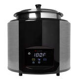 A modern countertop induction kettle with a black and stainless-steel finish, digital display showing 180°F, touch controls, and a fitted lid with handle. The control panel features icons for power, temperature, settings, and programmable stir notification.