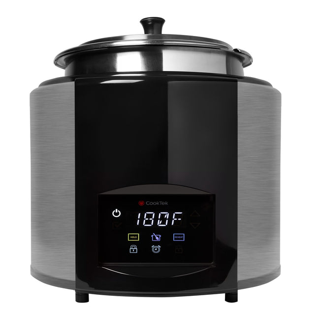 A modern countertop induction kettle with a black and stainless-steel finish, digital display showing 180°F, touch controls, and a fitted lid with handle. The control panel features icons for power, temperature, settings, and programmable stir notification.