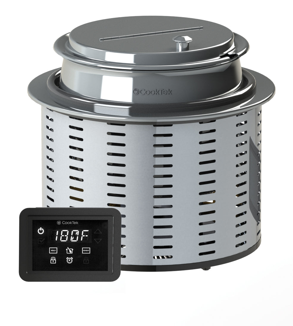 A stainless steel SinAqua Souper Induction Kettle with vented sides and a round lid. Beside it is a digital control panel displaying 180°F, featuring adjustable temperature buttons and icons. The cooker is branded CookTek against a white background.