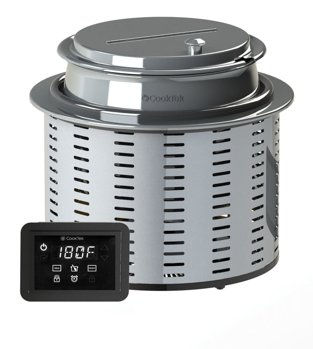 A stainless steel SinAqua Souper Induction Kettle with vented sides and a round lid. Beside it is a digital control panel displaying 180°F, featuring adjustable temperature buttons and icons. The cooker is branded CookTek against a white background.