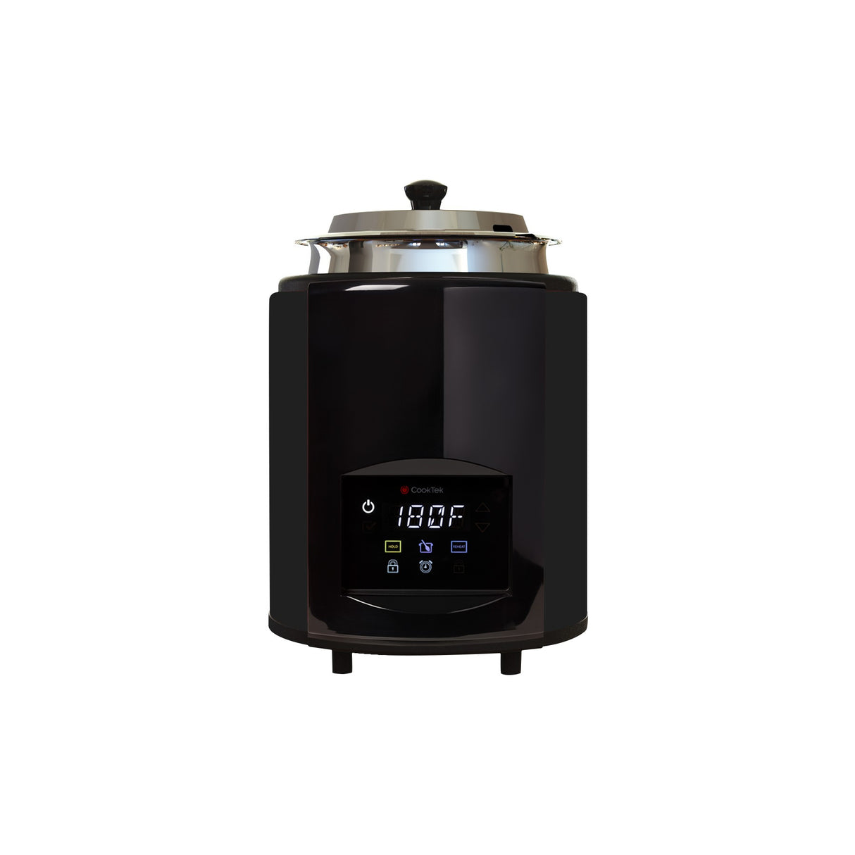 A black electric slow cooker with adjustable temperature settings, a digital display reading “180°F,” several buttons below, short black legs, and a metal lid with a black handle. The appliance sits on a white background.