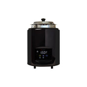 A black electric slow cooker with adjustable temperature settings, a digital display reading “180°F,” several buttons below, short black legs, and a metal lid with a black handle. The appliance sits on a white background.