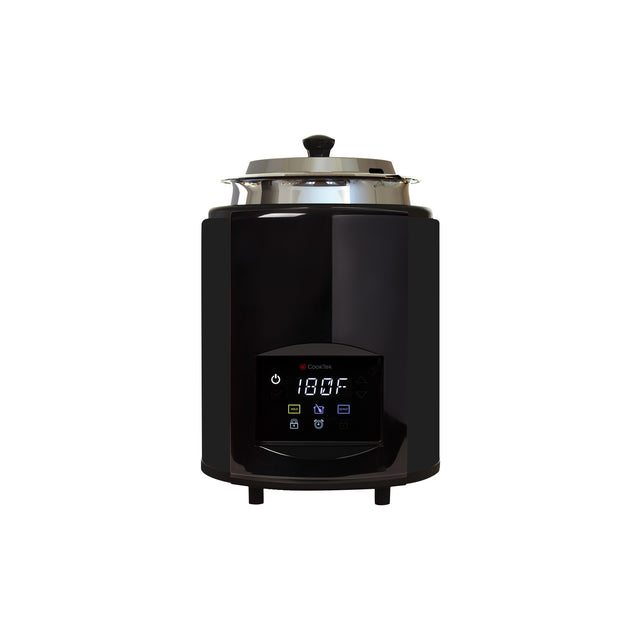 A black electric slow cooker with adjustable temperature settings, a digital display reading “180°F,” several buttons below, short black legs, and a metal lid with a black handle. The appliance sits on a white background.