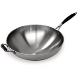 A stainless steel wok with a shiny, brushed metal finish features a long black rubber handle and a small loop handle on the opposite side. This round bottom wok has a deep, rounded shape and smooth interior, set against a white background.