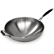 A stainless steel wok with a shiny, brushed metal finish features a long black rubber handle and a small loop handle on the opposite side. This round bottom wok has a deep, rounded shape and smooth interior, set against a white background.