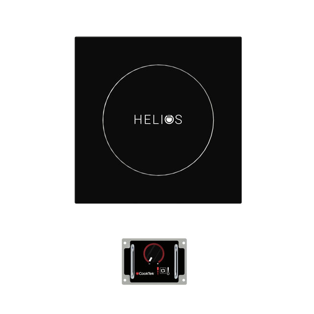 A black, square induction cooktop labeled “HELIOS” with a white circular outline marks its single hob. Below is a small rectangular control panel with a red dial, digital display, and buttons, all set against a plain white background.