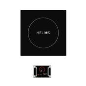 A black, square CookTek induction cooktop with HELIOS written at the center above a white circle. Below this drop-in single hob is a small digital control panel displaying a red dial, power symbol, and control buttons on a white background.