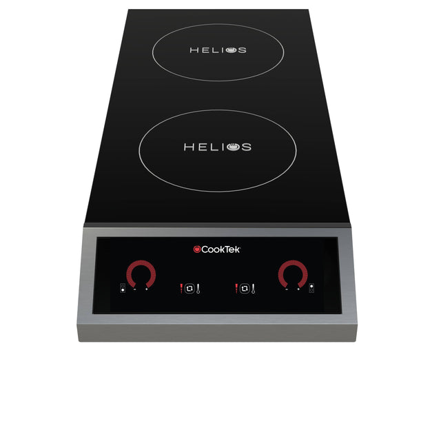 A sleek black CookTek Helios double hob induction cooktop with two circular burners on top and a control panel below, featuring red dials, icons, and a digital display set in a stainless steel frame for ultimate portable design.
