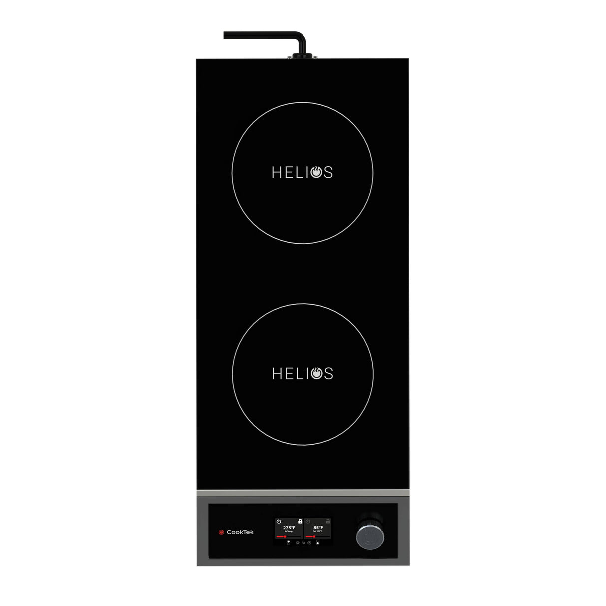 A black, rectangular induction cooktop with a double hob labeled HELIOS. Below the burners are digital controls, buttons, and a single knob. A power cord extends from the top. The overall design is modern, minimalistic, and easy to use.