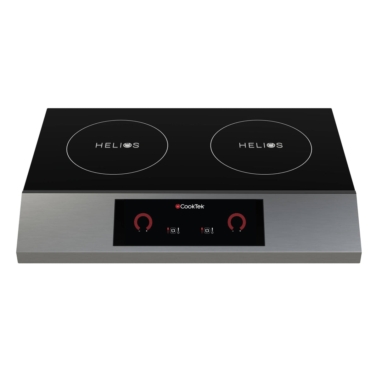 A sleek, modern double induction cooktop with a black glass surface and silver base. This portable design double hob features two “HELIOS” burners on top and a digital control panel with red dials and touch buttons in the front center.