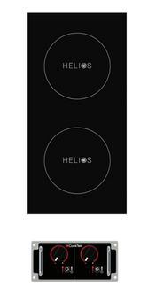 A black HELIOS double induction cooktop with a sleek drop-in design features two circular heating zones and sits above a silver CookTek control panel with red and black dial knobs, switches, and indicator lights.