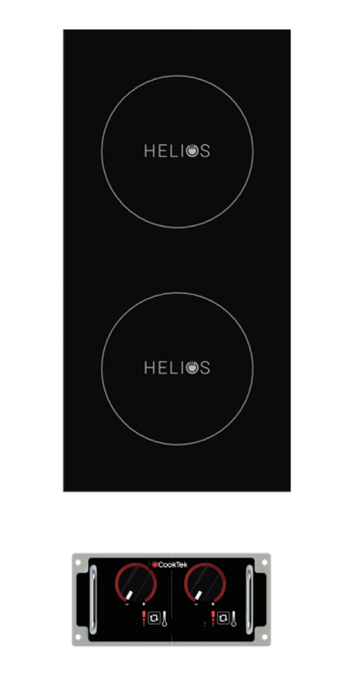 A black HELIOS double induction cooktop with a sleek drop-in design features two circular heating zones and sits above a silver CookTek control panel with red and black dial knobs, switches, and indicator lights.