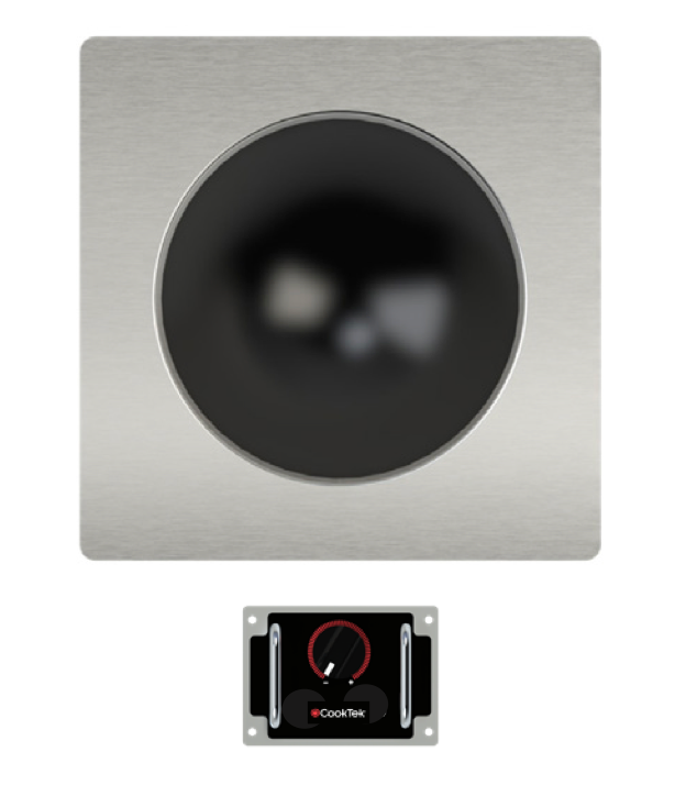 A drop-in square metal induction cooktop with a central black circular heating area is shown above a small rectangular control panel featuring a red dial, CookTek branding, and mounting brackets on each side. This unit delivers 1800W of power.