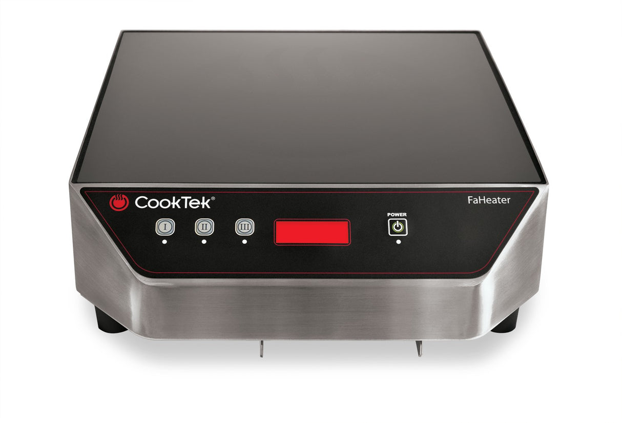 The CookTek FaHeater is a portable countertop warmer with a sleek, stainless steel design, black glass top, control buttons, digital display, and front power switch. The brand logo is on the left of this modern induction skillet warmer.