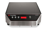 The CookTek FaHeater is a portable countertop warmer with a sleek, stainless steel design, black glass top, control buttons, digital display, and front power switch. The brand logo is on the left of this modern induction skillet warmer.