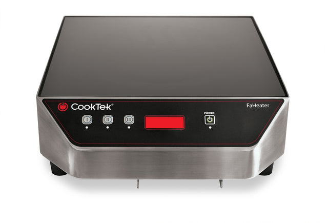 The CookTek FaHeater is a portable countertop warmer with a sleek, stainless steel design, black glass top, control buttons, digital display, and front power switch. The brand logo is on the left of this modern induction skillet warmer.