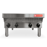 Front view of a stainless steel commercial induction range with four control knobs, raised on cylindrical legs. The CookTek logo is in the top right corner. This countertop induction range features a sleek glass-ceramic top on a white background.