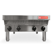 Front view of a stainless steel commercial induction range with four control knobs, raised on cylindrical legs. The CookTek logo is in the top right corner. This countertop induction range features a sleek glass-ceramic top on a white background.