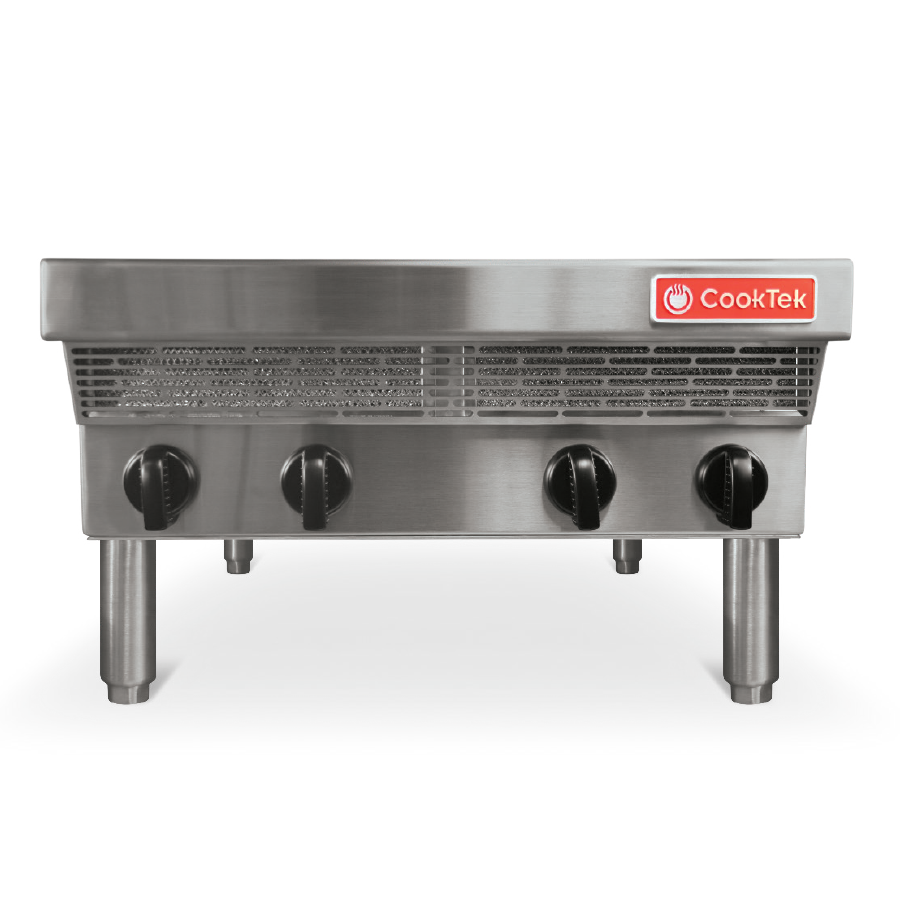 A stainless steel countertop mounted commercial induction range with three black control knobs, four sturdy legs, 3500 watt burners, and a red CookTek logo in the upper right corner, set against a plain white background.