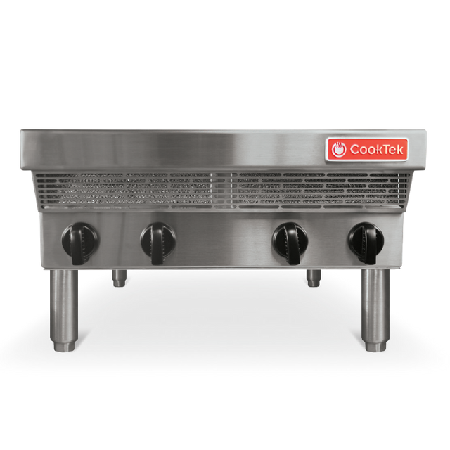 A stainless steel countertop mounted commercial induction range with three black control knobs, four sturdy legs, 3500 watt burners, and a red CookTek logo in the upper right corner, set against a plain white background.