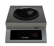 A modern, angular Induction Wok cooker with stainless steel housing and a black, round cooking well. The front panel features a digital display, CookTek logo, and single control knob, all in a sleek portable design.