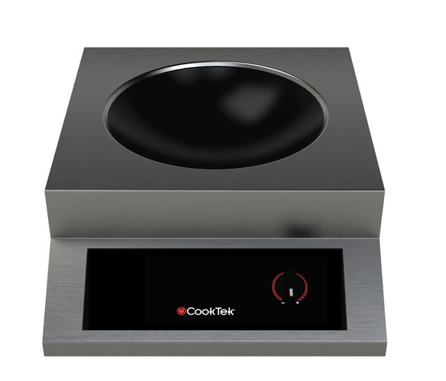 A modern, angular Induction Wok cooker with stainless steel housing and a black, round cooking well. The front panel features a digital display, CookTek logo, and single control knob, all in a sleek portable design.
