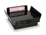 A black CookTek food delivery bag charger with angled side panels, a digital control panel featuring buttons and lights, and a red-and-white warning label—perfect for use with pizza thermal delivery systems like the CookTek FlashPak.