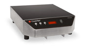 A stainless steel and black CookTek FaHeater induction cooktop with a digital display, four control buttons, and indicator lights on the front panel. This portable countertop unit features a smooth glass surface and sturdy legs, ideal for commercial kitchen use.