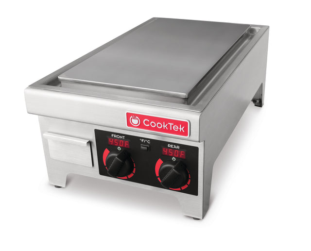 A rectangular stainless steel CookTek Induction plancha with a smooth chrome cooking surface. The front panel features two black temperature dials labeled FRONT and REAR, both set to 450°F, with a red CookTek logo above the controls.