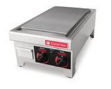 A stainless steel CookTek Induction Plancha griddle with a rectangular flat cooking surface, two black temperature control knobs labeled “FRONT” and “REAR,” red LED temperature displays, and a red CookTek logo on the front panel.