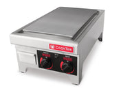 A stainless steel CookTek Induction Plancha griddle with a rectangular flat cooking surface, two black temperature control knobs labeled “FRONT” and “REAR,” red LED temperature displays, and a red CookTek logo on the front panel.