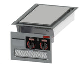 A rectangular stainless steel drop-in cooktop for commercial cooking equipment, featuring dual front-facing control knobs labeled Front and Rear. The smooth induction plancha surface sits above a vented panel, with the CookTek brand visible above the knobs.